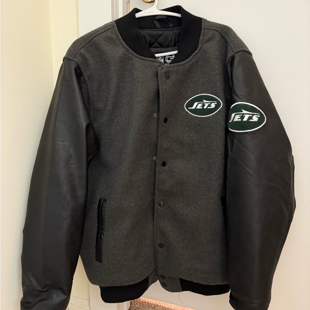 Jets Gray and Black Varsity Jacket